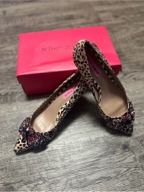 Betsey Johnson Leopard Print Pointed Toe Heels with Multicolor Beaded Bow